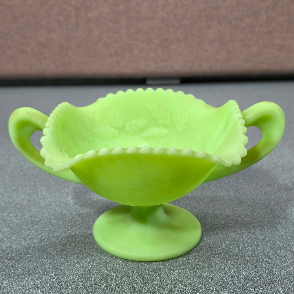 Fenton Custard Glass Bonbon Dish Lime Green Uranium Glass Basketweave Floral